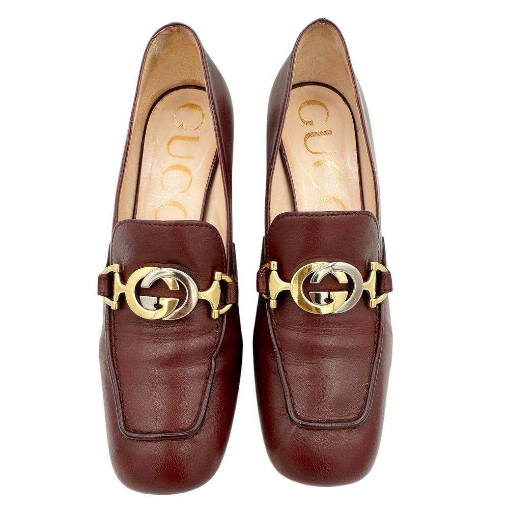 Gucci Zumi Interlocking GG Loafer Pumps EU 37 US 7 Bordeaux Burgundy Block Heel - Picture 3 of 16